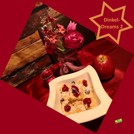 Dinkel-Dreams 2: Selbstgemachter fruchtiger Reisauflauf mit getrockneten Cranberries und Himbeersauce. Rezept, Buch und Bild K.D. Michaelis