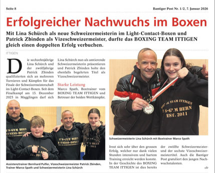 CH-Meisterin LC-BOXING 2025 Lina Schürch, VIZE-Meister LC-BOXING 2025 Patrick Zbinden mit Trainer Marco Spath und Bernhard Pulfer, Bantiger Post Januar 2026