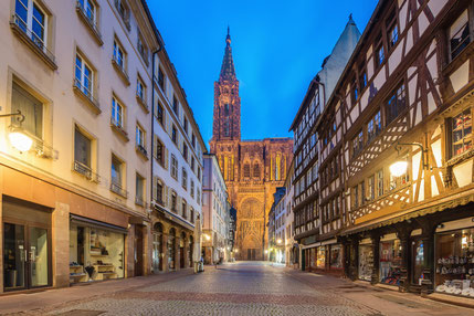 Cathedral of Our Lady (Notre Dame) of Strasbourg at night in Strasbourg, Alsace, France. Copyright Prasit Rodphan