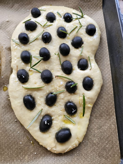 Oliven Focaccia auf dem Backblech belegt mit schwarzen Oliven und Rosmarin 