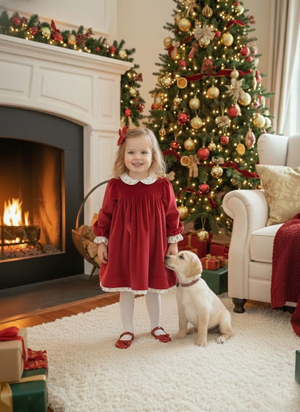 Robe de Noël velours rouge bébé et enfant. Création française Fil de Légende. Magasin vêtements fêtes et cérémonies enfants Paris, Neuilly-sur-Seine. 