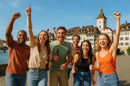 Mehrere Personen feiern ihren Polterabend im Aargau. Gemeinsam stossen sie auf das Brautpaar an und absolvieren das Polterabendspiel Hangover. Das Bild wurde in der Rathausgasse in der Altstadt von Aarau aufgenommen.