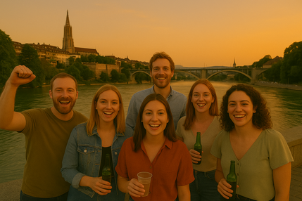 Das Bild zeigt eine Polterabend-Gruppe Männer und Frauen gemischt kurz vor dem Sonnenuntergang. Es herrscht eine sehr ausgelassene Stimmung. Das Bild wurde in der Stadt Bern aufgenommen.