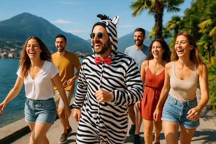 Mehrere Personen feiern ein Polterweekend im Tessin. Der Bräutigam trägt ein Zebra Kostüm und gemeinsam absolvieret die Gruppe das Polterabendspiel Hangover. Das Bild wurde in Lugano am Ufer des Luganersee aufgenommen.