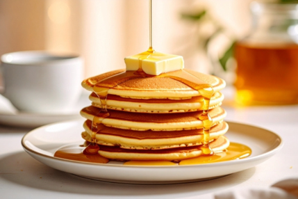 バターと蜂蜜がたっぷりかかったパンケーキのお皿。