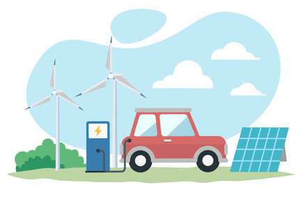 イラスト：再生可能エネルギー（風力・太陽光）と充電スタンド、蓄電池、電気自動車を組み合わせた風景。EV充電インフラとエネルギー連携のイメージ。