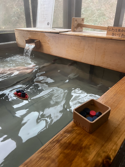 高知の貸切専門温泉の湯船で持ち込みのおもちゃで遊ぶ