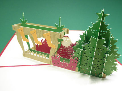 Carte pop-up Père Noël près de la cheminée et sapin de Noël - carte de voeux en kirigami