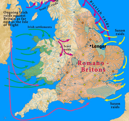 Attacks on Roman Britain by tribes from Ireland, Scotland and Germany - map from Wikipedia. Click the map to enlarge.