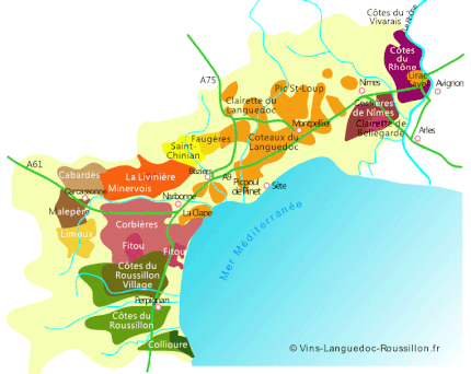 Carte des appellations du Languedoc Roussillon