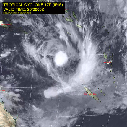 Satellite image of Tropical Cyclone Iris in the south west Pacific Ocean, 26/03/018. Image from JTWC