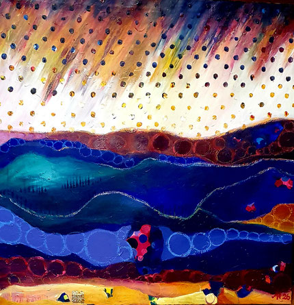 Die Erde unter meinen nackten Füssen, 100 x 100 cm, Acryl, Gold, Kreide,   2026