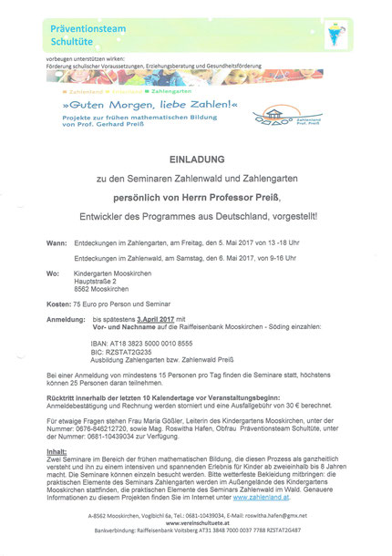 Einladung zum Seminar Zahlengarten und Zahlenwald mit Prof. Preiß persönlich, organisiert durch Roswitha Hafen und dem Kindergarten Mooskirchen