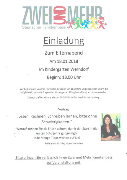 Einladung zum Vortrag im Kindergarten Werndorf am 18.01.2018