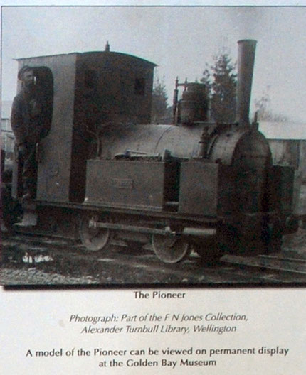 The Pioneer on the East Takaka to Waitapu Tramway 1882-1905 (Waitapu Wharf signage).