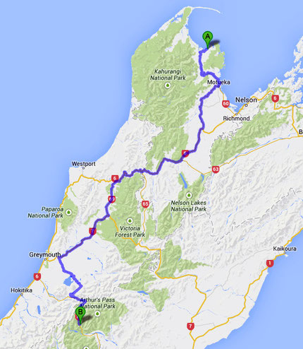 The wiggling route from Pohara to Authur's Pass (428km/266 miles) (Google Maps)