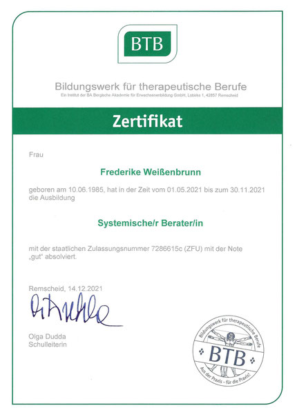 Zertifikat Frederike Weißenbrunn Systemische Beraterin