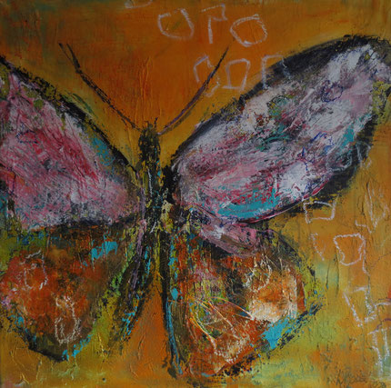 Schmetterling mit einem Hauch von Gold , Acryl und Ölpastell , 70x70 cm BNR. 347 , in Privatbesitz