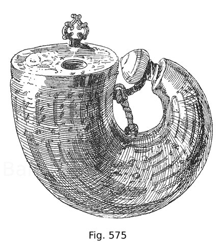 Fig. 575. Venezianisches Artillerie-Pulverhorn mit in Leder gepressten Verzierungen. Um 1580. 