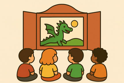 Das Bild zeigt das Logo der Kamishibai-Veranstaltung. Vier Kinder sitzen auf dem Boden und schauen auf das geöffnete Erzähltheater vor sich, das einen Drachen zeigt.