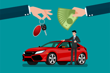 Illustration eines Autoverkaufs: Zwei Hände tauschen Autoschlüssel gegen Bargeld, daneben steht ein Mann vor einem roten Pkw.