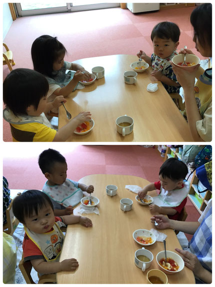 「つめたーい！」「すっぱーい！」と、みんなのお気に入りだった赤いゼリーはさくらんぼ味でした。みんないっぱい食べました！