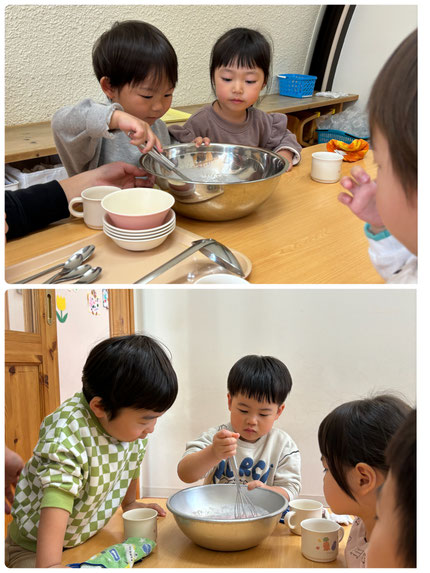 「すごい！どんどんかたまってきたよ！」「おいしそう！」とみんな楽しそうに作っていました。できたフルーチェはみんなでおかわりしてたくさん食べました！