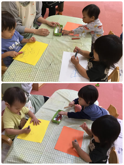 みんな好きな色を選んで、点々を描いたり、ギザギザを描いたり、力強く線を引いたりして楽しみました！