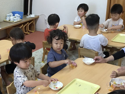 今日は、ほしぐみさんはおやつのゼリーを作りました。調理員さんに作り方を教えてもらって、カットしたフルーツを上手にカップに入れていました！「みかん！みかん！もも！」と何の果物があるかお友達とお話ししながら、楽しそうに入れていました。