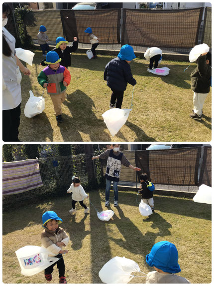 その後は、塗った絵をビーニール袋につけて凧を作りました。「みてみて！あがった！」「すごい！とんだよ！」と、大喜びでテラスを走り回っていました。