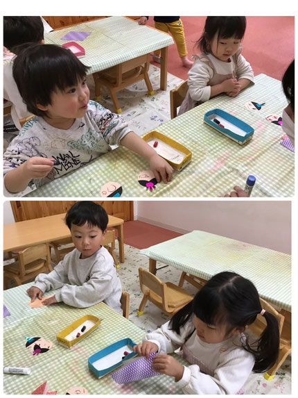そのあとは千代紙を折って着物を作りました。「はんぶん！はんぶん！」「できた！」と目印の点を合わせながら上手に折っていました。