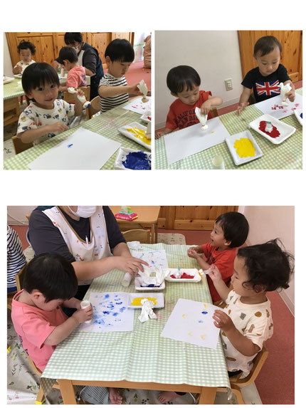 「ちっちゃいまるができた！」「いっぱいおせた！」と嬉しそうに完成した作品を見せてくれました。