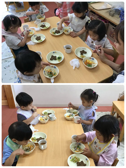 今日の給食は七夕そうめん、星型ハンバーグ、ツナサラダでした。