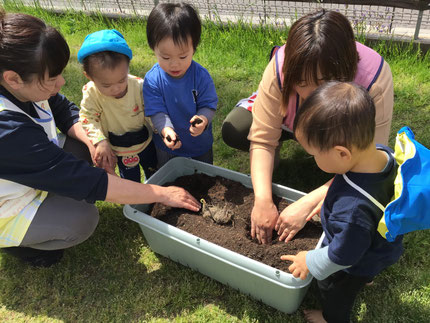 「パプリカある？」「おいもあった！」とみんな好きな野菜を選んで、楽しそうに土をかけていました。