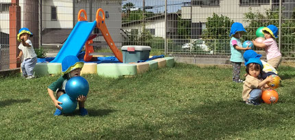 ボールが転がってきました。すると子どもたちは、見つけたボールを次々に拾い始めました。これくらい持てるよと言わんばかりに拾い上げていました。力強くなったね。