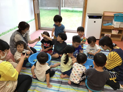 「ナス、ふわふわ！」「きゅうり、パキッってわれたよ！」「いいにおいがする！」と手でちぎってみたり、匂いをかいだりしてたくさん野菜に触れていました！