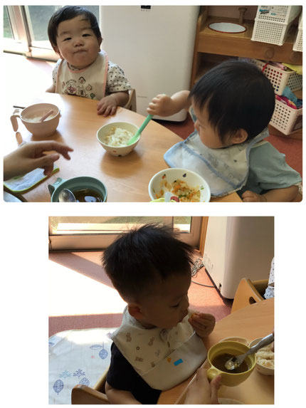 離乳食も、とりめしの軟飯や、鳥粥がでて、美味しそうに食べていました！