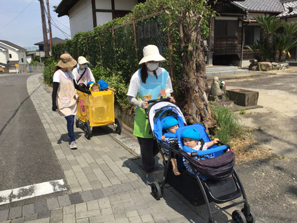 今日は、ひかりぐみさんとそらぐみさんは園周辺にお散歩にきました。