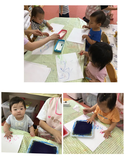 そらぐみさんとひかりぐみさんは、お絵描きや、指スタンプをしました。クレヨンで力一杯お絵描きをしたり、ペタペタと指の跡をつけて楽しみました！