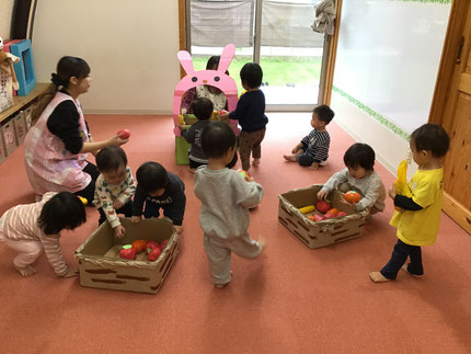 今日は、ひかりぐみさんとそらぐみさんは、うさぎの口に果物を入れたり、滑り台を滑ったりして遊びました。