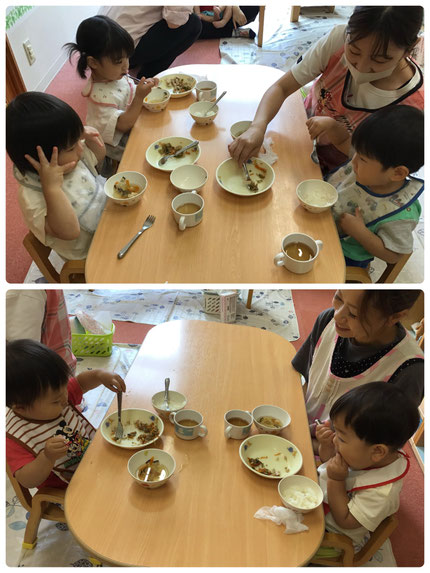 今日の給食は、ごはん、鶏肉のカレー焼き、五目きんぴら、かきたま汁でした。「たまごのおしるだ！」「カレーのおにく、おいしい！」とみんな美味しそうに食べていました。