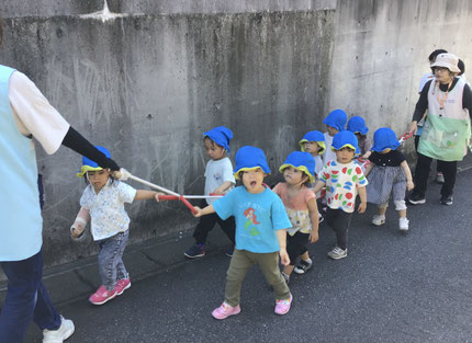 今日は、ほしぐみさんは園周辺をお散歩しました。「おはないっぱい！」「ピンクのおはな、あった！」「みてみて、とりさんがいる！」とたくさんの発見をしながら楽しそうに歩いていました。
