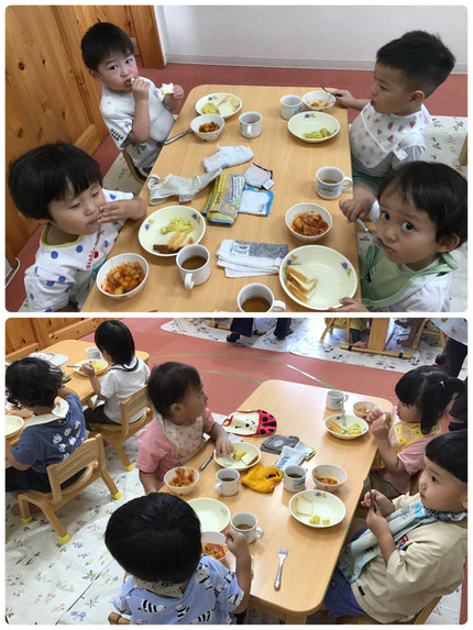 「トマトあった！」「かぼちゃだいすき！」「パプリカ、これかなぁ？」とみんな楽しそうに食べていました！