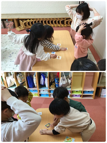 「へび！」「にんじん！」と書いてあるものの名前が呼ばれると、「あった！」「とれた！」と嬉しそうにカードを見つけていました！