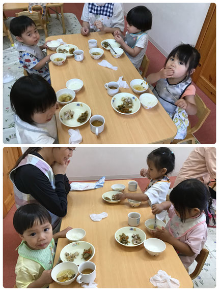 「パプリカあった！」「これ、とったナスだよね！」「いっぱいとれたよね！」と、お話ししながら楽しそうに食べていました。