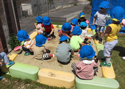 今日、ほしぐみさんは、砂場で遊びました。スコップを持って穴を掘ったり、山を作ったり、アイスの形の入れ物に砂を入れてアイスクリームを作ったりと思い思いに遊んでいました。