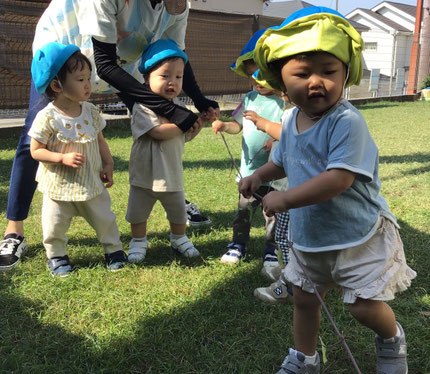 どこからか蔓が伸びていました。引っ張ってみると意外に長くて…みんなで力を合わせて「よいしょ。よいしょ。」どこまで伸びるかな？