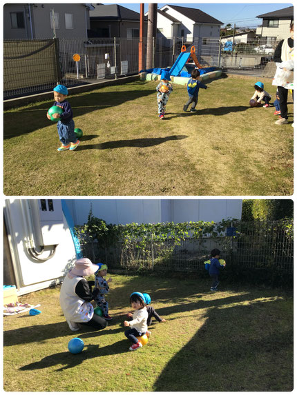 ボールに座ってバランスを取る遊びが大人気で、ボールが転がって尻餅をつくと、大笑いしながら「も、いっかい！も、いっかい！」と何度も挑戦していました。
