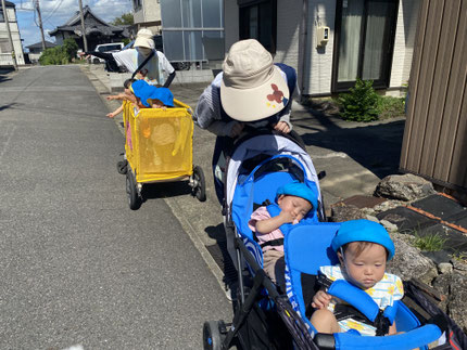ショベルカーを載せたトラックを見つけると指を差して教えてくれました！かまきりも見つけていろいろな発見ができたお散歩でした。