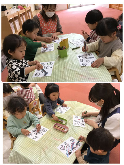 ひかりぐみさんは塗り絵遊びをしました。「たまご、きいろ！」「もうすぐえんそく！」とお弁当を楽しみにしながら塗っていました。